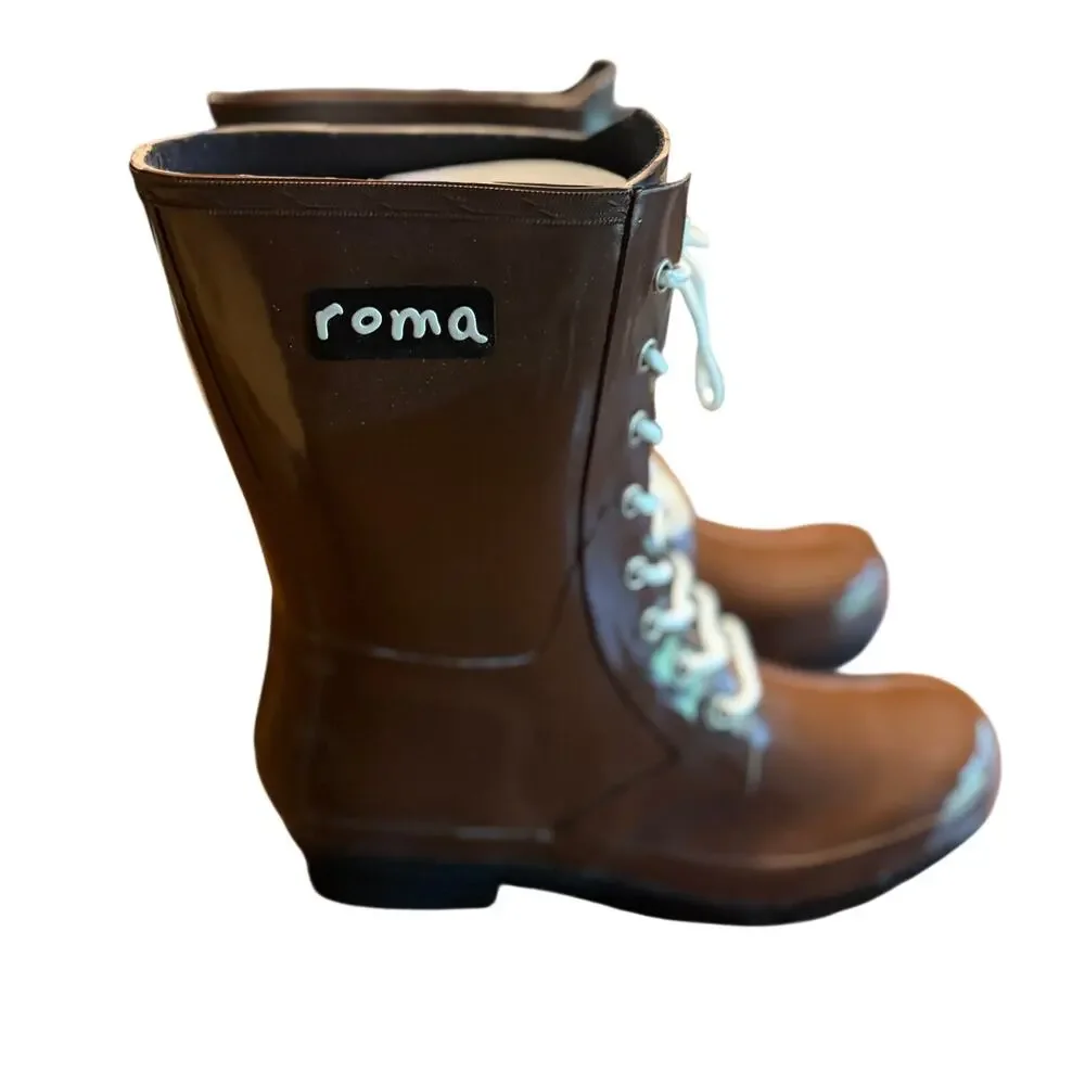 Roma Epaga Combat Mid Rain Boots 10 NWT Brown Mid Calf Wellies Lace Up